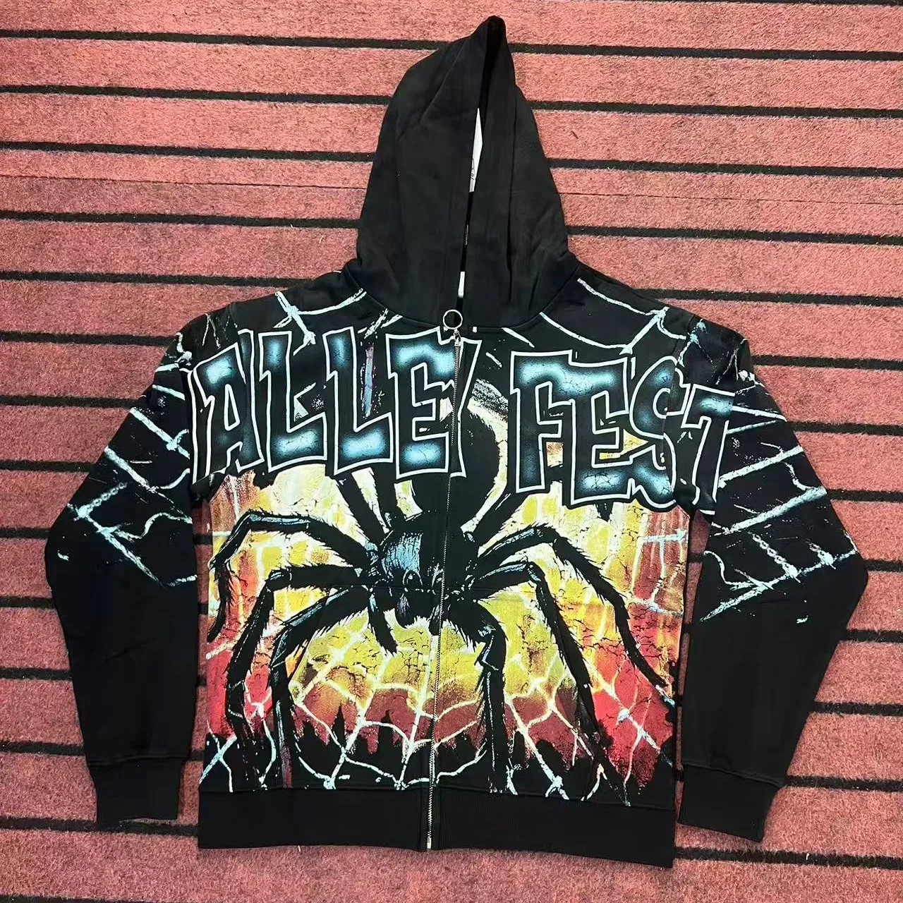 Black Graphic Spider Web Print Full-Zip Hoodie 2