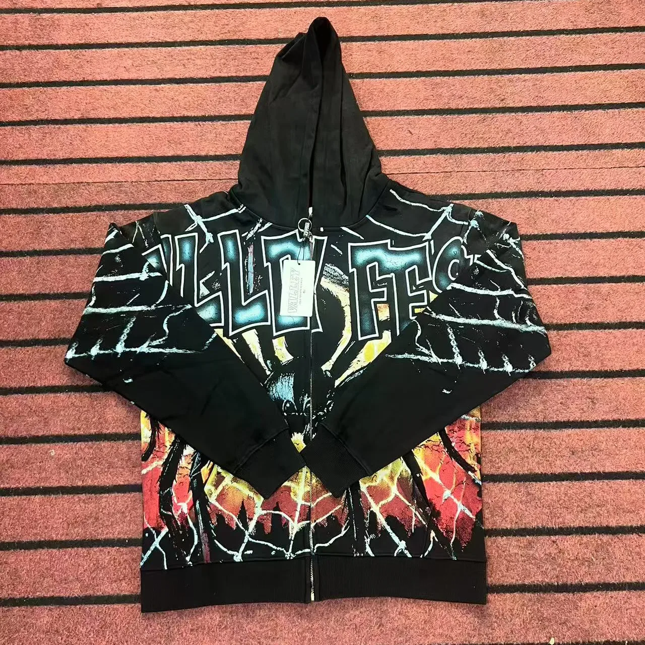 Black Graphic Spider Web Print Full-Zip Hoodie 3