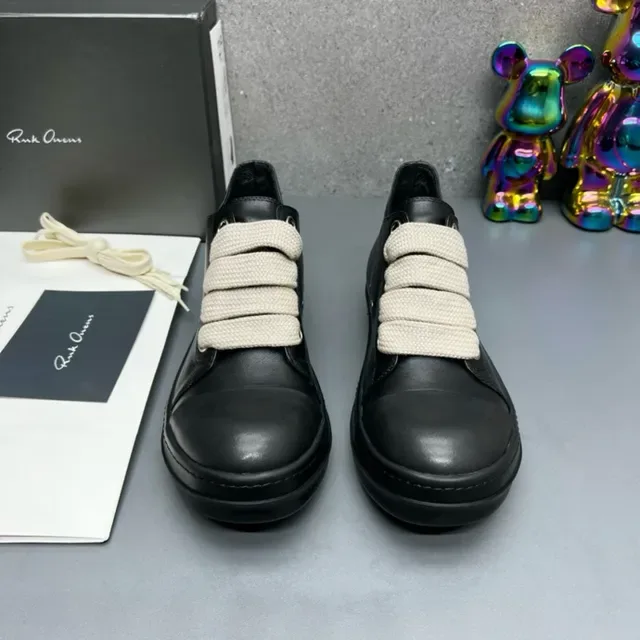 Black Leather Cap-Toe Strap-Lace Sneakers 3