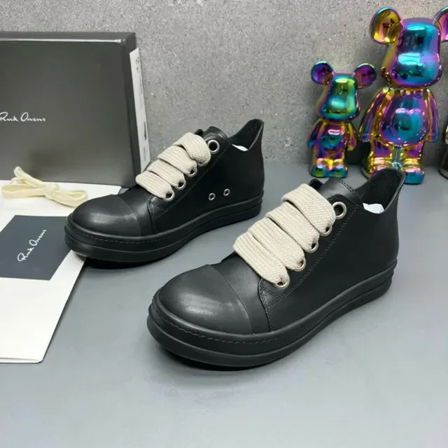 Black Leather Cap-Toe Strap-Lace Sneakers 8