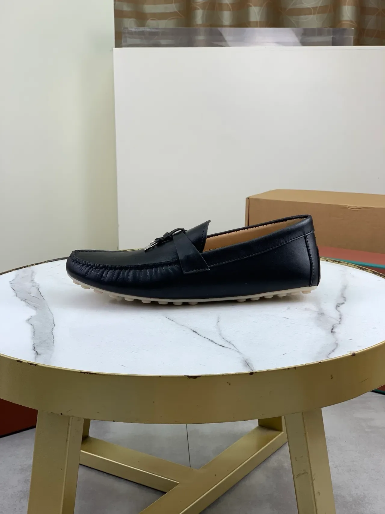 Black Leather Moccasin-Stitched Strap Loafers 5