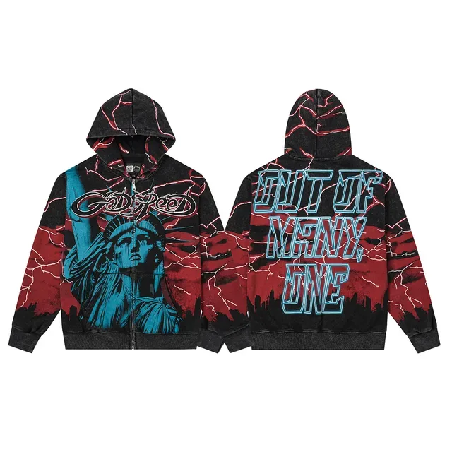 Black Multicolor Graphic-Print Full-Zip Hoodie 5