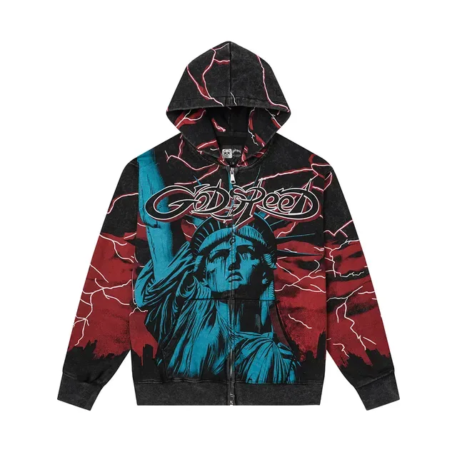 Black Multicolor Graphic-Print Full-Zip Hoodie 6