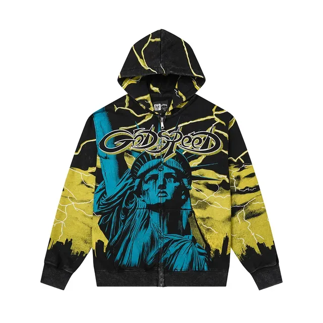 Black Multicolor Graphic-Print Full-Zip Hoodie 9