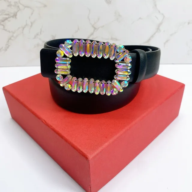 Black Multicolor Strap Rectangular Crystal-Encrusted Buckle Leather Belt 1