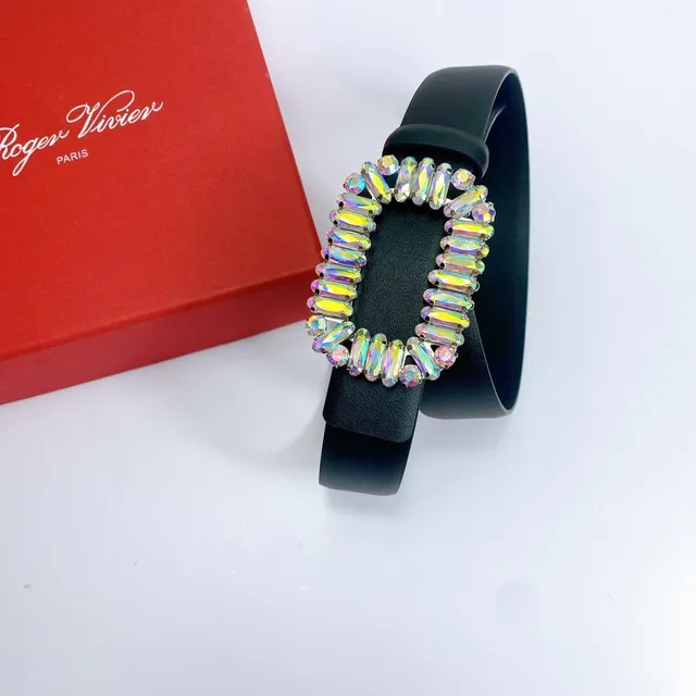 Black Multicolor Strap Rectangular Crystal-Encrusted Buckle Leather Belt 2