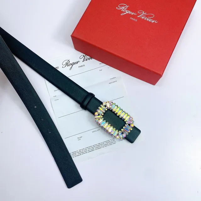 Black Multicolor Strap Rectangular Crystal-Encrusted Buckle Leather Belt 3