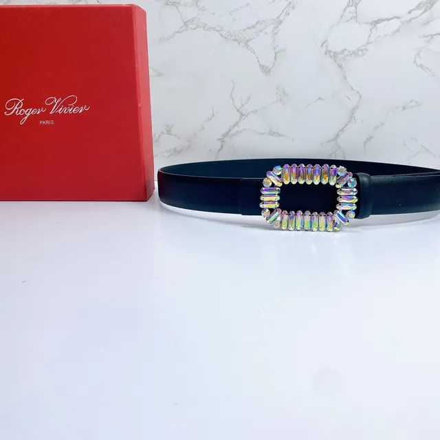 Black Multicolor Strap Rectangular Crystal-Encrusted Buckle Leather Belt 4
