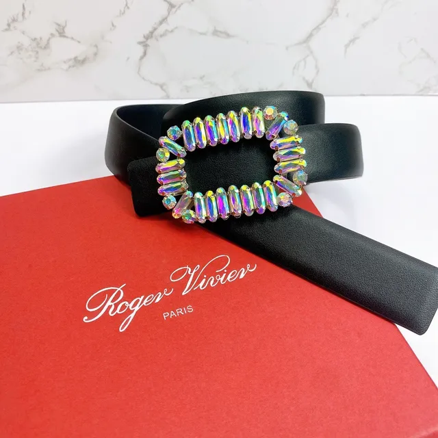 Black Multicolor Strap Rectangular Crystal-Encrusted Buckle Leather Belt 6