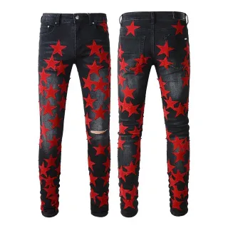 Black Red Star-Appliqué Distressed Knee Jeans