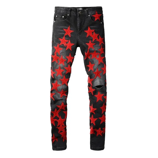 Black Red Star-Appliqué Distressed Knee Jeans 2