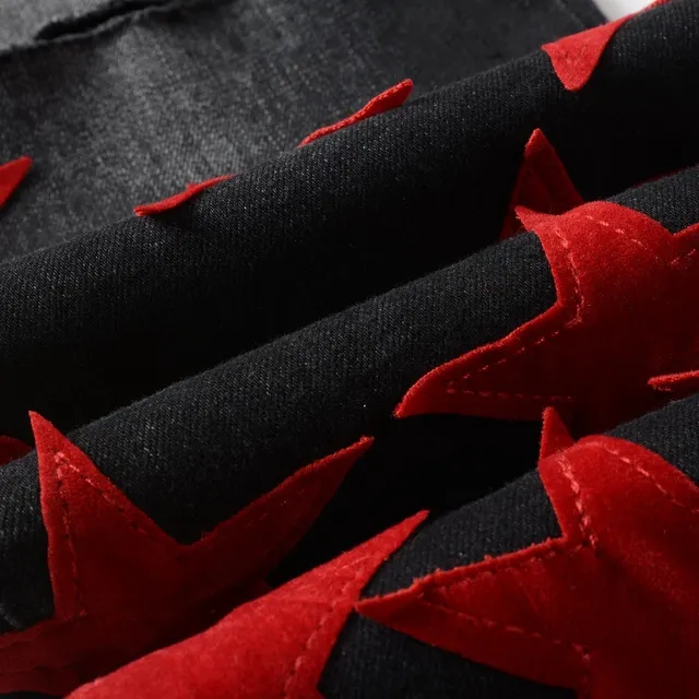 Black Red Star-Appliqué Distressed Knee Jeans 3