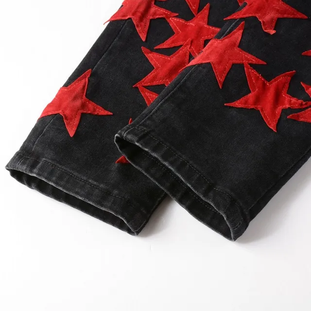 Black Red Star-Appliqué Distressed Knee Jeans 4