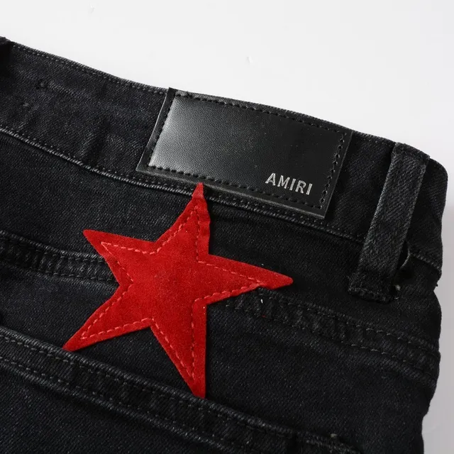 Black Red Star-Appliqué Distressed Knee Jeans 5