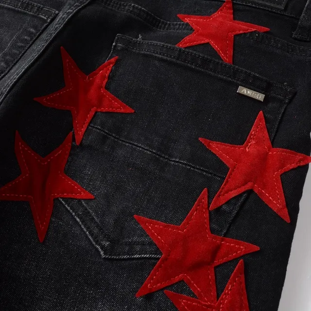 Black Red Star-Appliqué Distressed Knee Jeans 6