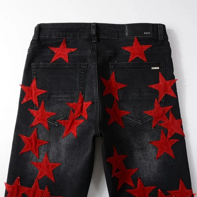 Black Red Star-Appliqué Distressed Knee Jeans 7