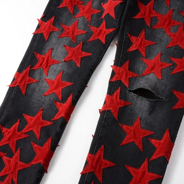 Black Red Star-Appliqué Distressed Knee Jeans 8