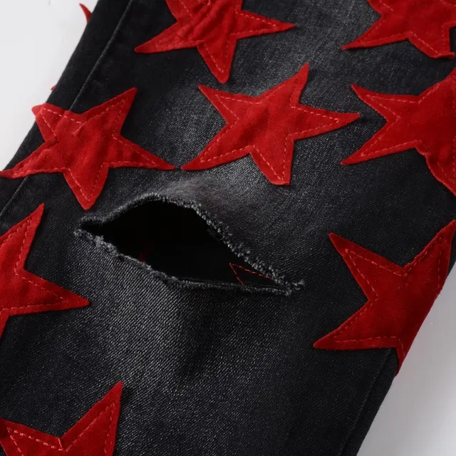 Black Red Star-Appliqué Distressed Knee Jeans 9