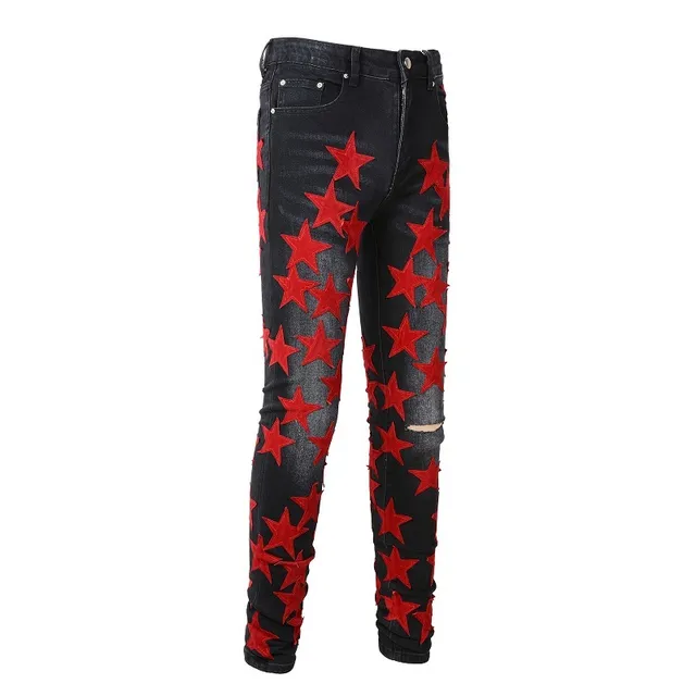 Black Red Star-Appliqué Distressed Knee Jeans 14