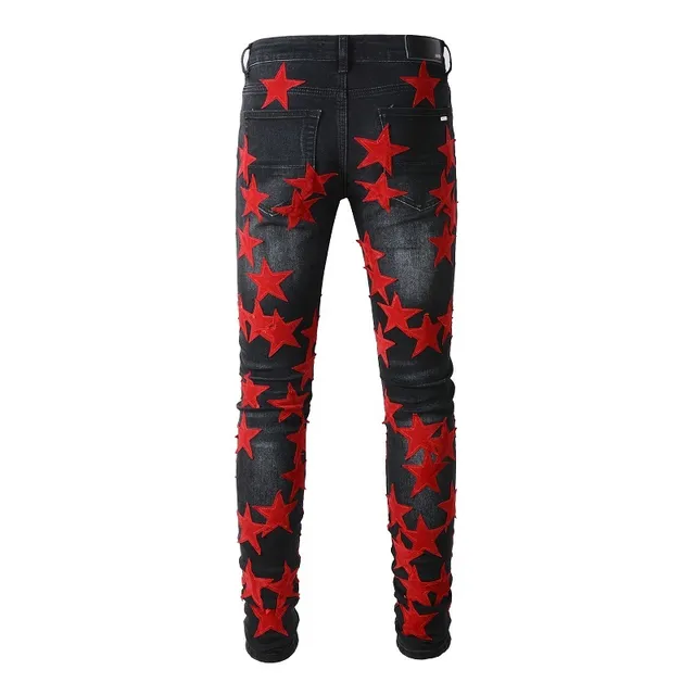 Black Red Star-Appliqué Distressed Knee Jeans 15
