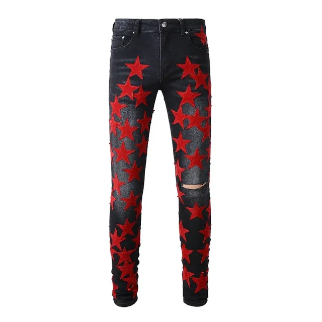 Black Red Star-Appliqué Distressed Knee Jeans 16