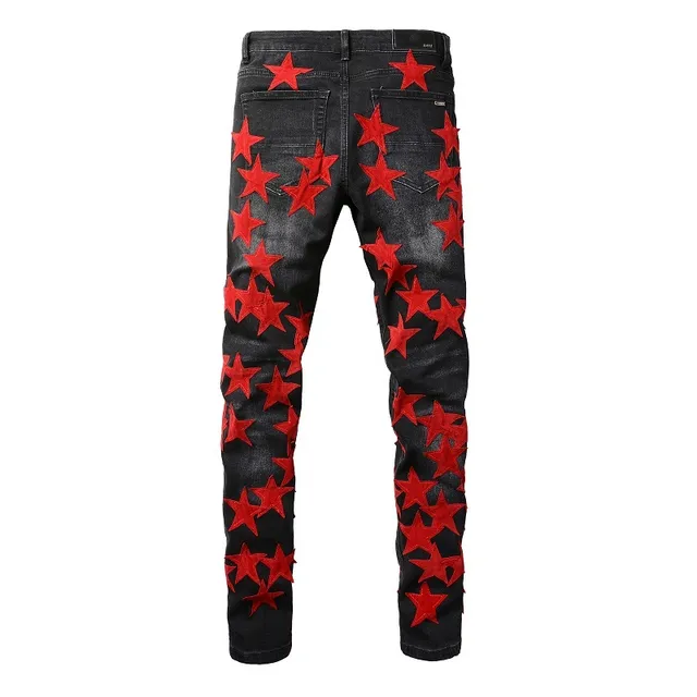 Black Red Star-Appliqué Distressed Knee Jeans 18
