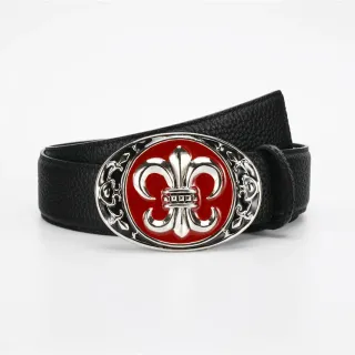 Black Red Textured Ornate Oval Buckle Leather Belt