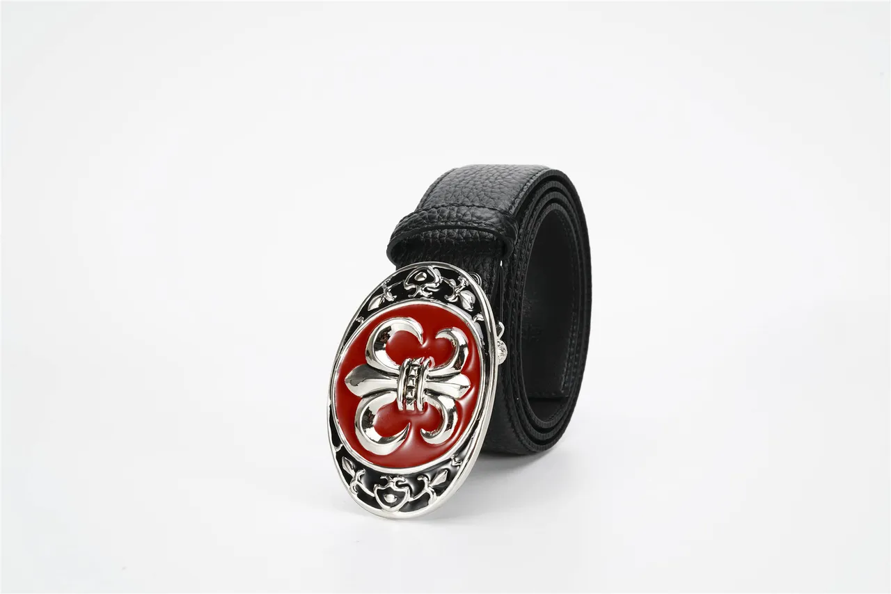 Black Red Textured Ornate Oval Buckle Leather Belt 6