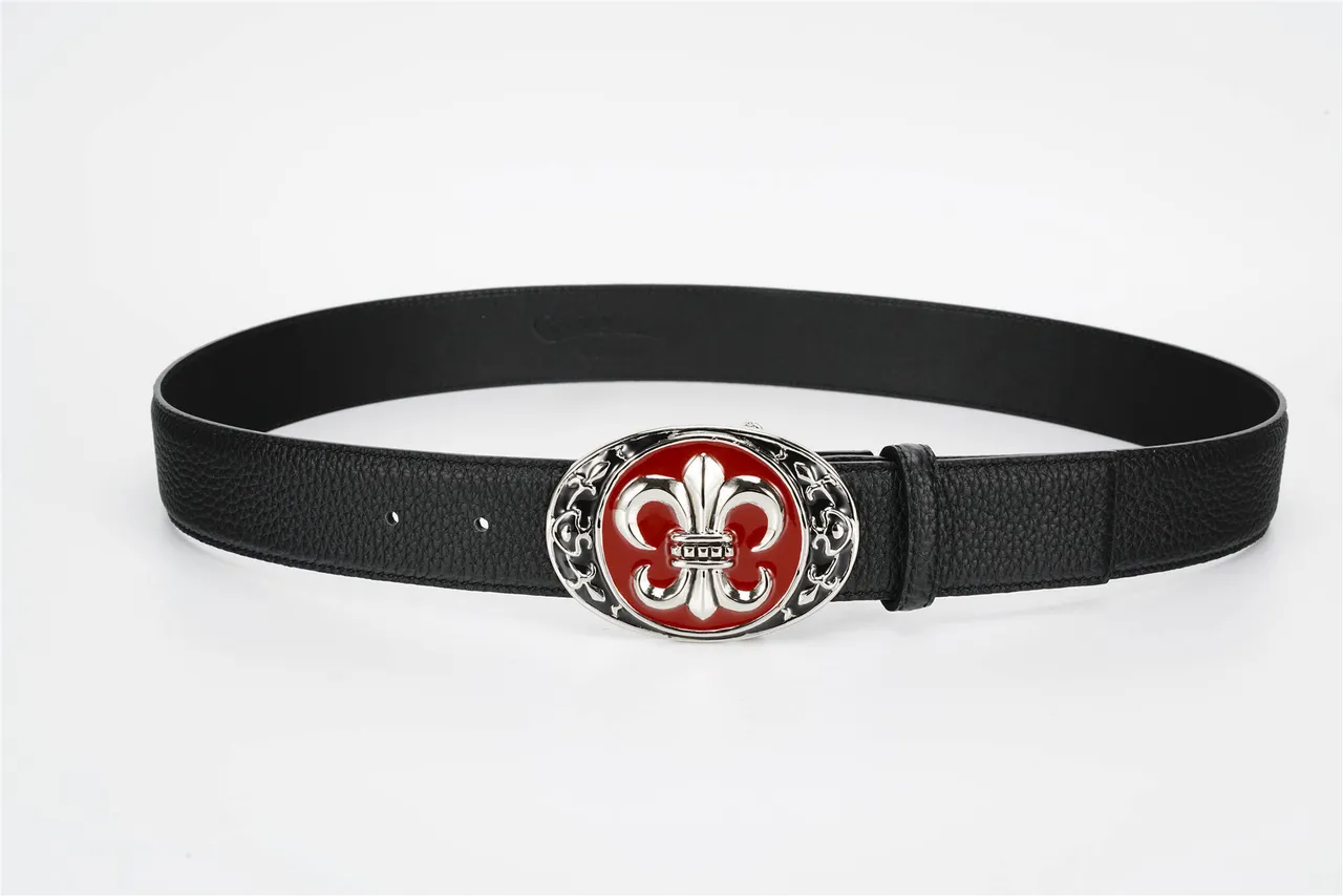 Black Red Textured Ornate Oval Buckle Leather Belt 9