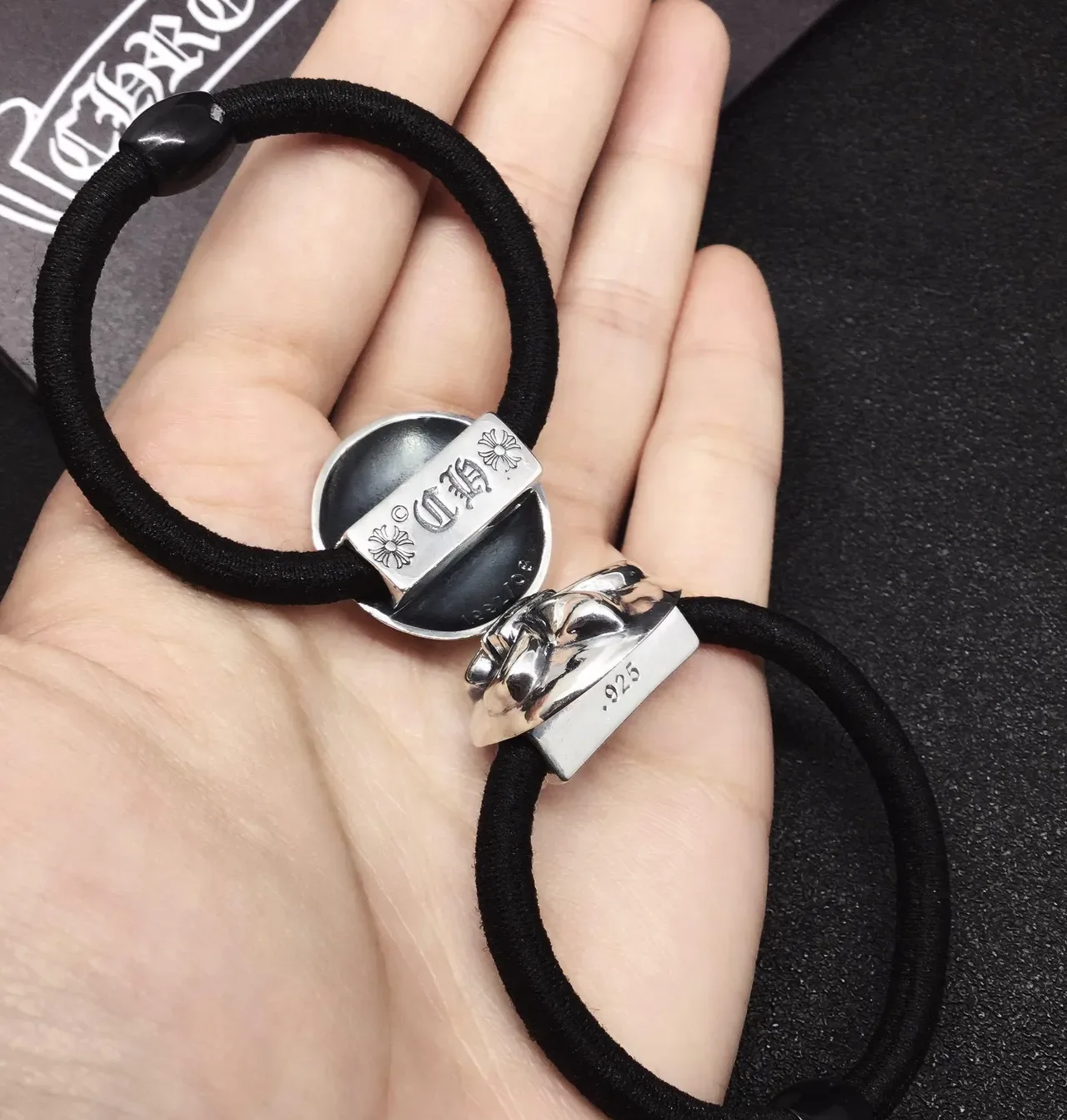 Black Silver Elastic Hair Tie Fleur-De-Lis Charm Bracelet 4