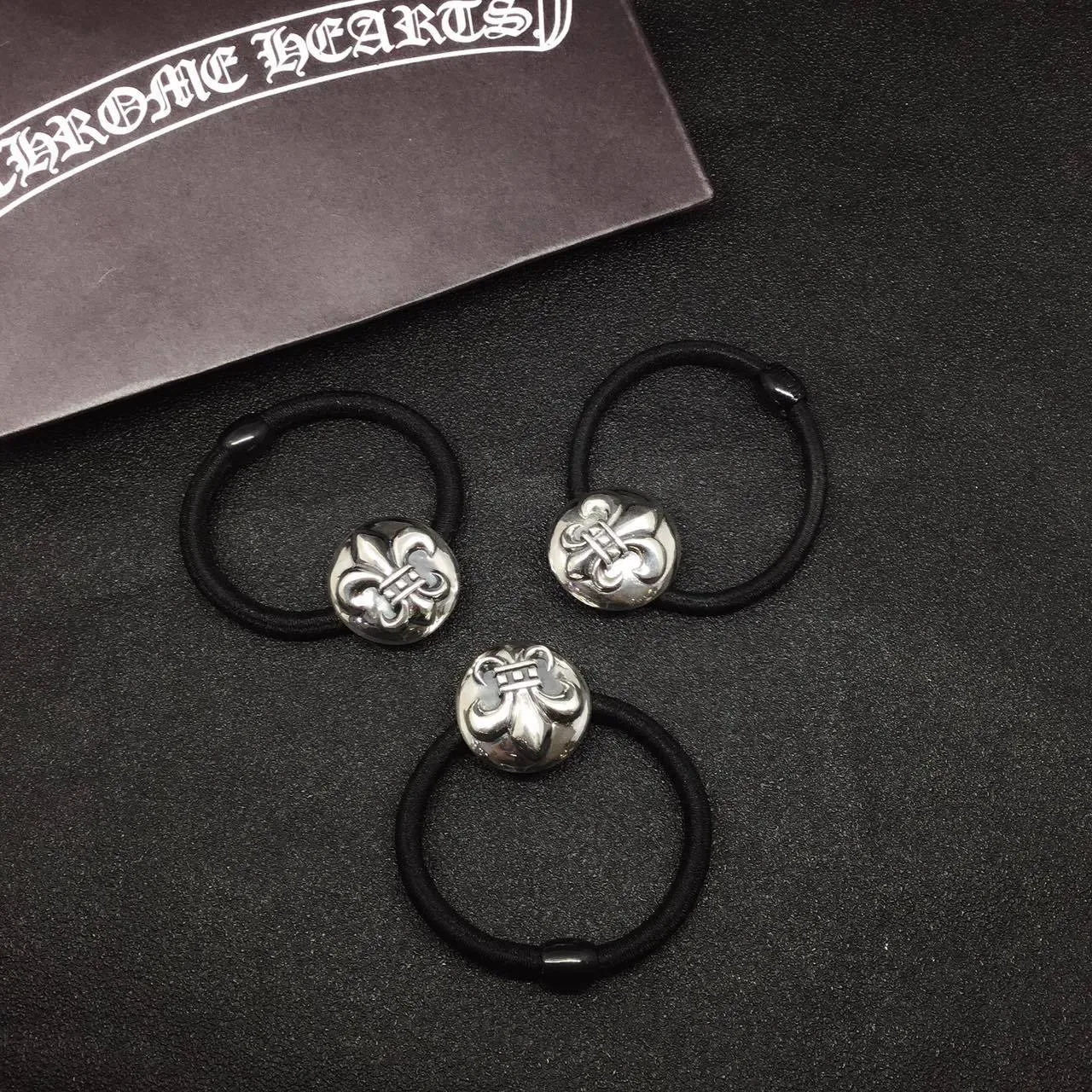 Black Silver Elastic Hair Tie Fleur-De-Lis Charm Bracelet 7