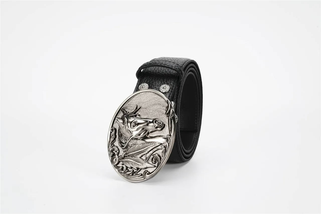 Black Silver Pebbled Antiqued Oval Buckle Leather Belt 6