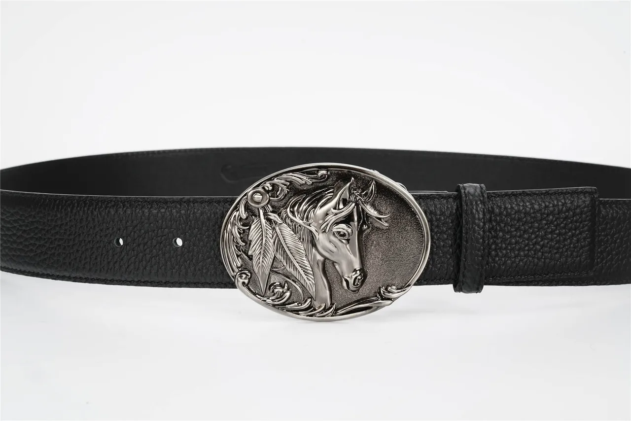 Black Silver Pebbled Antiqued Oval Buckle Leather Belt 8