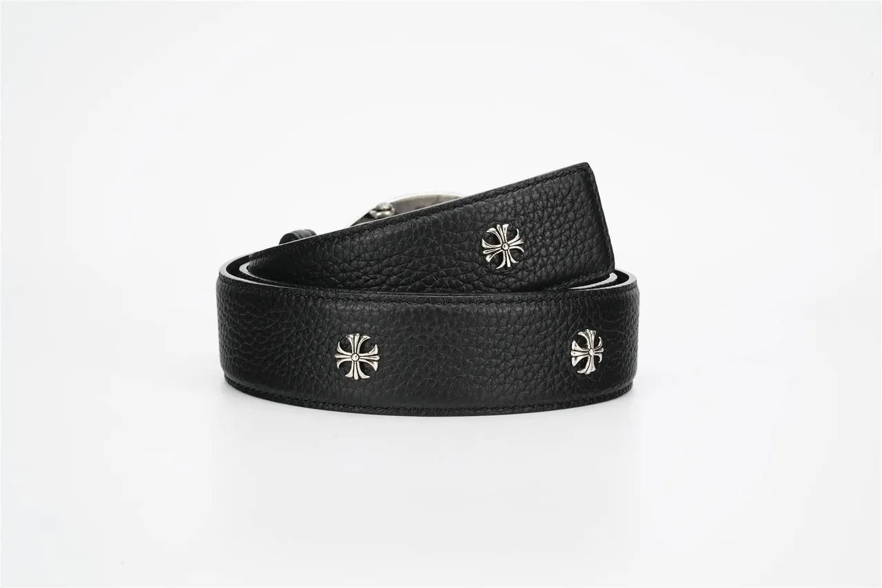 Black Silver Pebbled Ornate Buckle Leather Belt 3