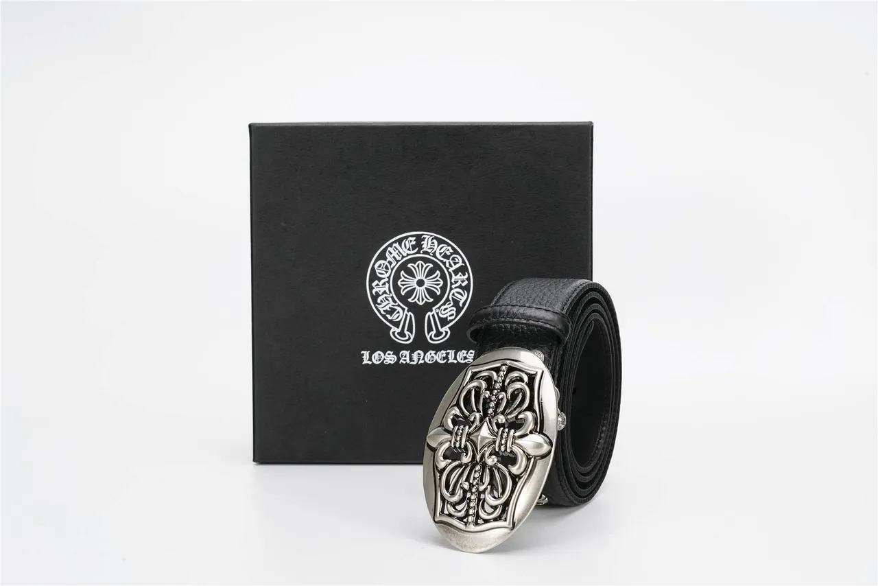 Black Silver Pebbled Ornate Buckle Leather Belt 5