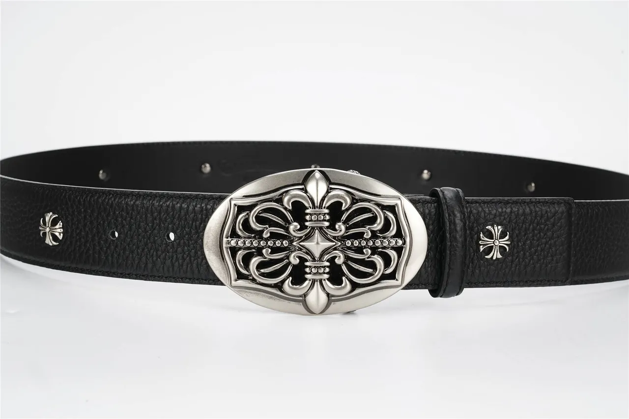 Black Silver Pebbled Ornate Buckle Leather Belt 8
