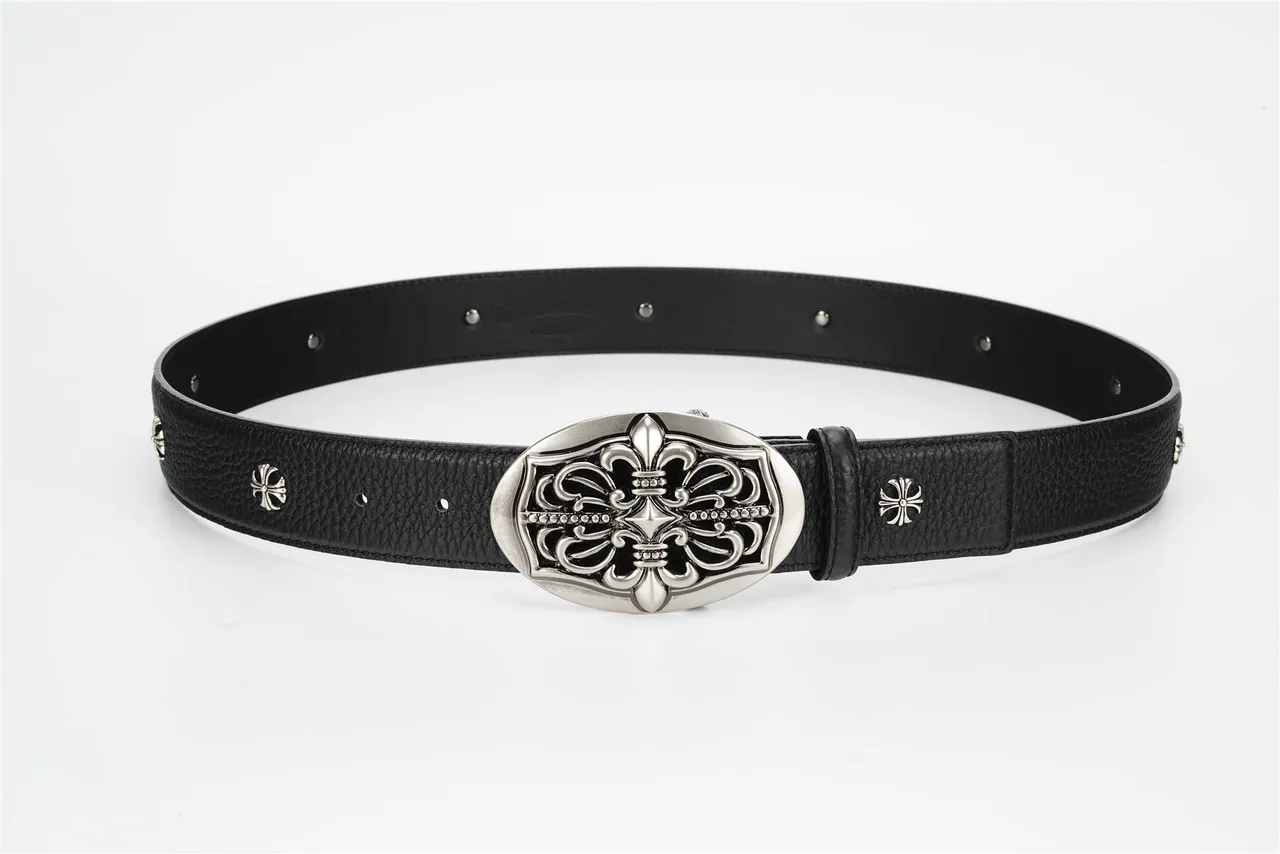 Black Silver Pebbled Ornate Buckle Leather Belt 9