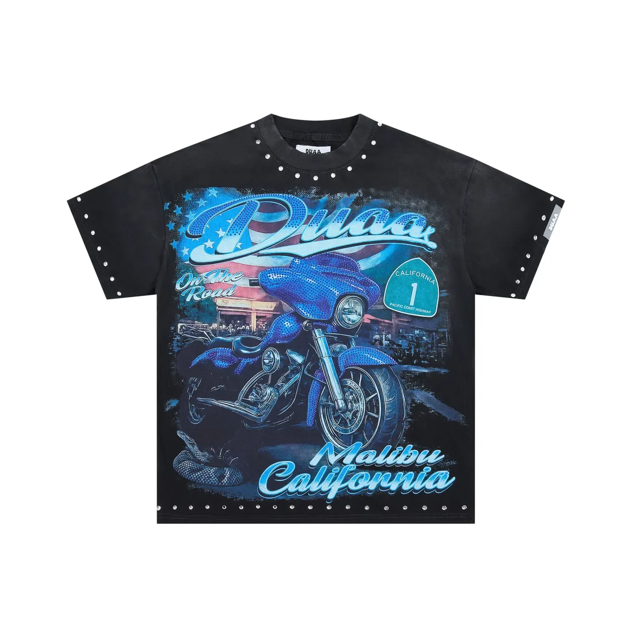 Black Studded Graphic Motorcycle Print Oversized T-Shirt 3