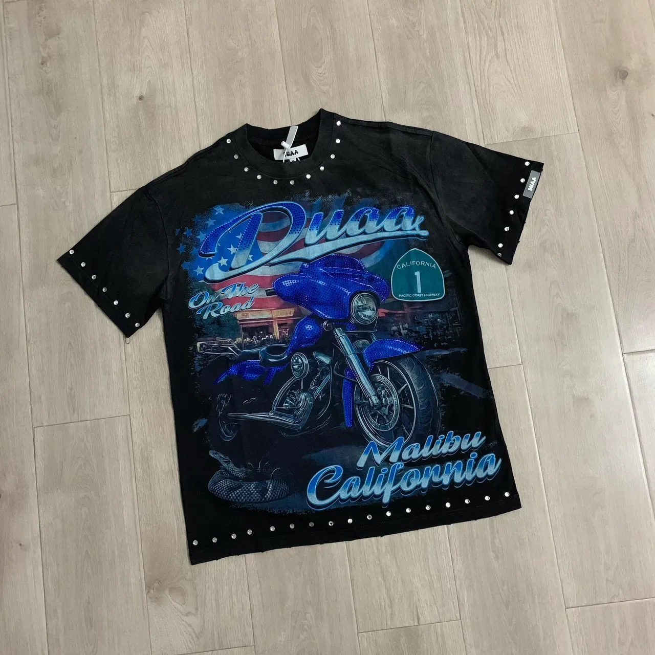 Black Studded Graphic Motorcycle Print Oversized T-Shirt 5