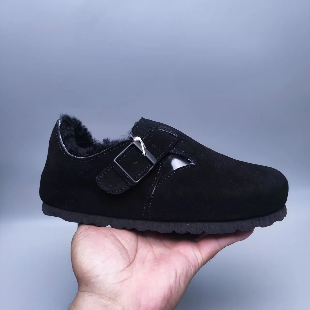 Black Suede Shearling-Lined Buckle Strap Mary Jane Shoe 6