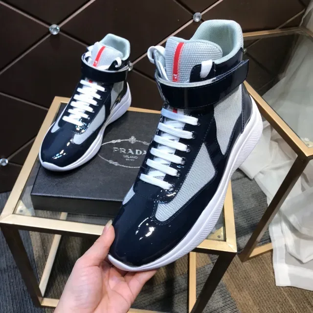 Black White High-Top Patent Leather And Mesh Sneakers 2