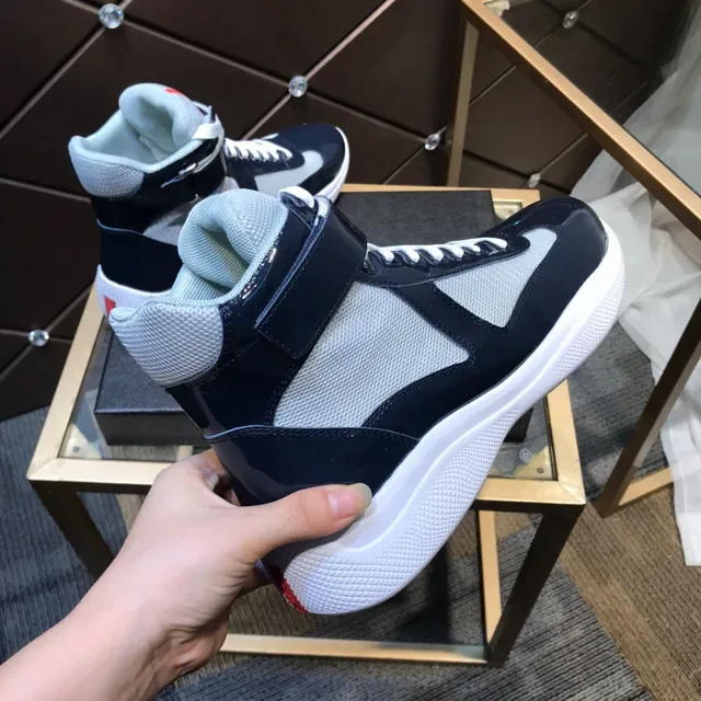 Black White High-Top Patent Leather And Mesh Sneakers 4