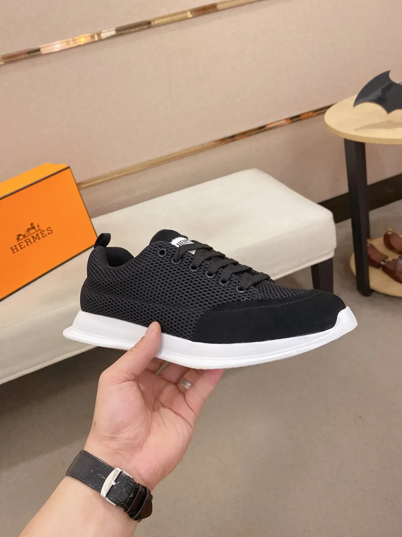 Black White Mesh Upper Suede Toe Cap Sneakers 4