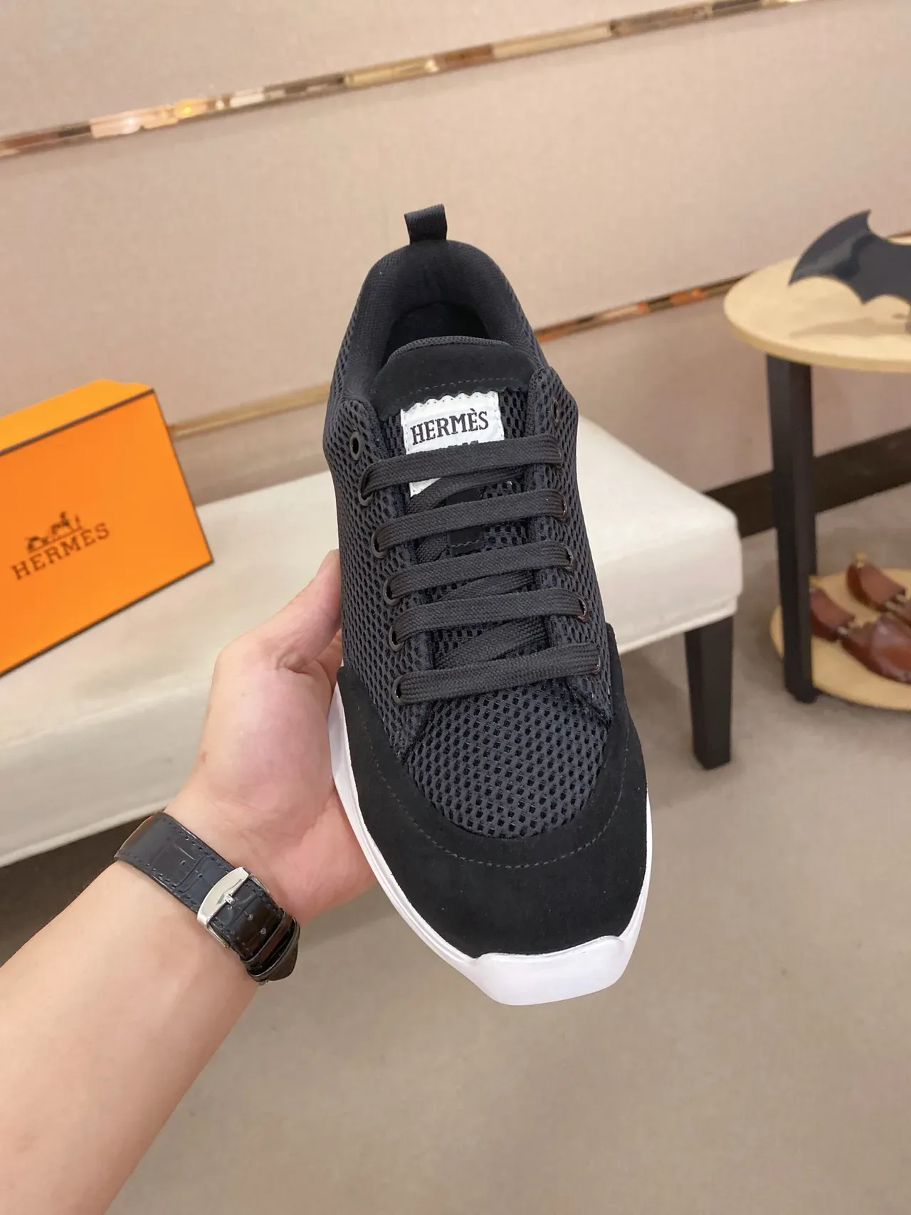 Black White Mesh Upper Suede Toe Cap Sneakers 5