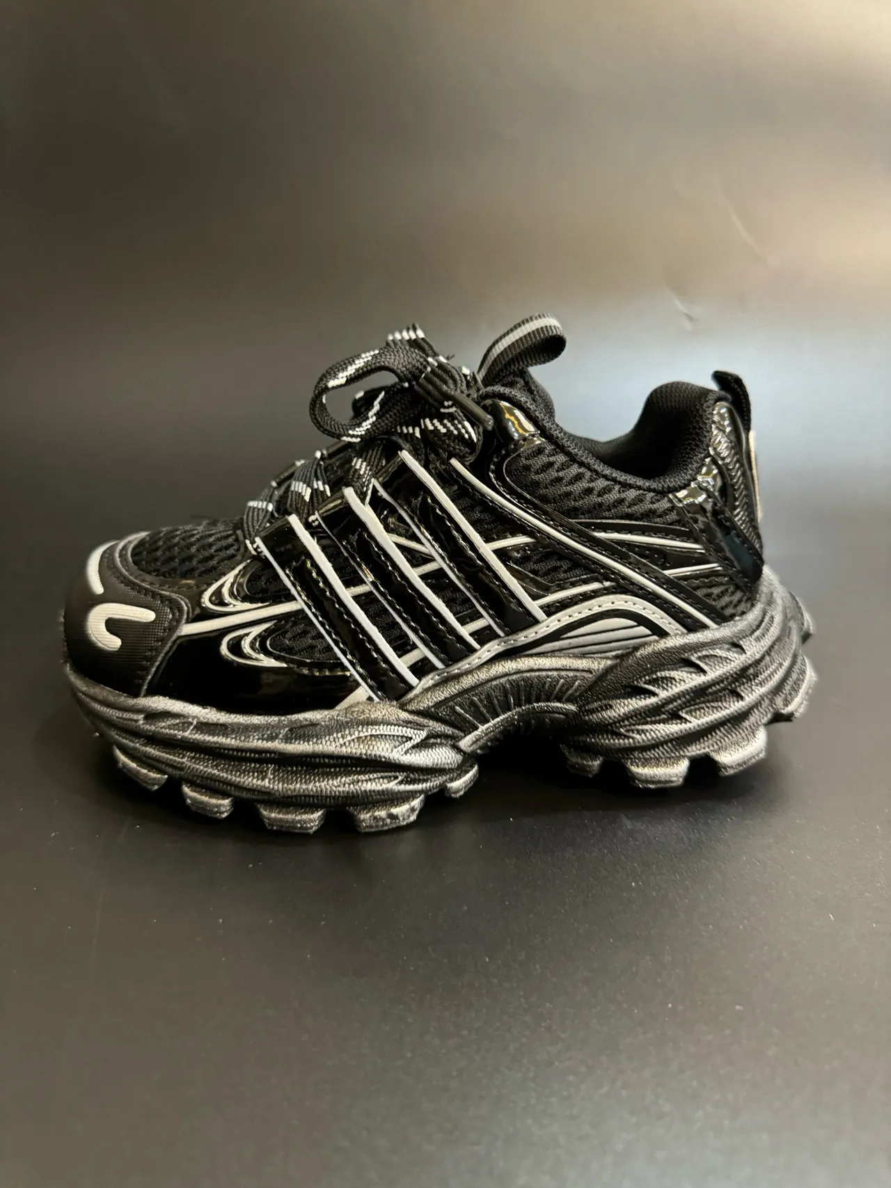 Black White Platform Sole Layered Synthetic Cage Overlays Chunky Sneakers 3