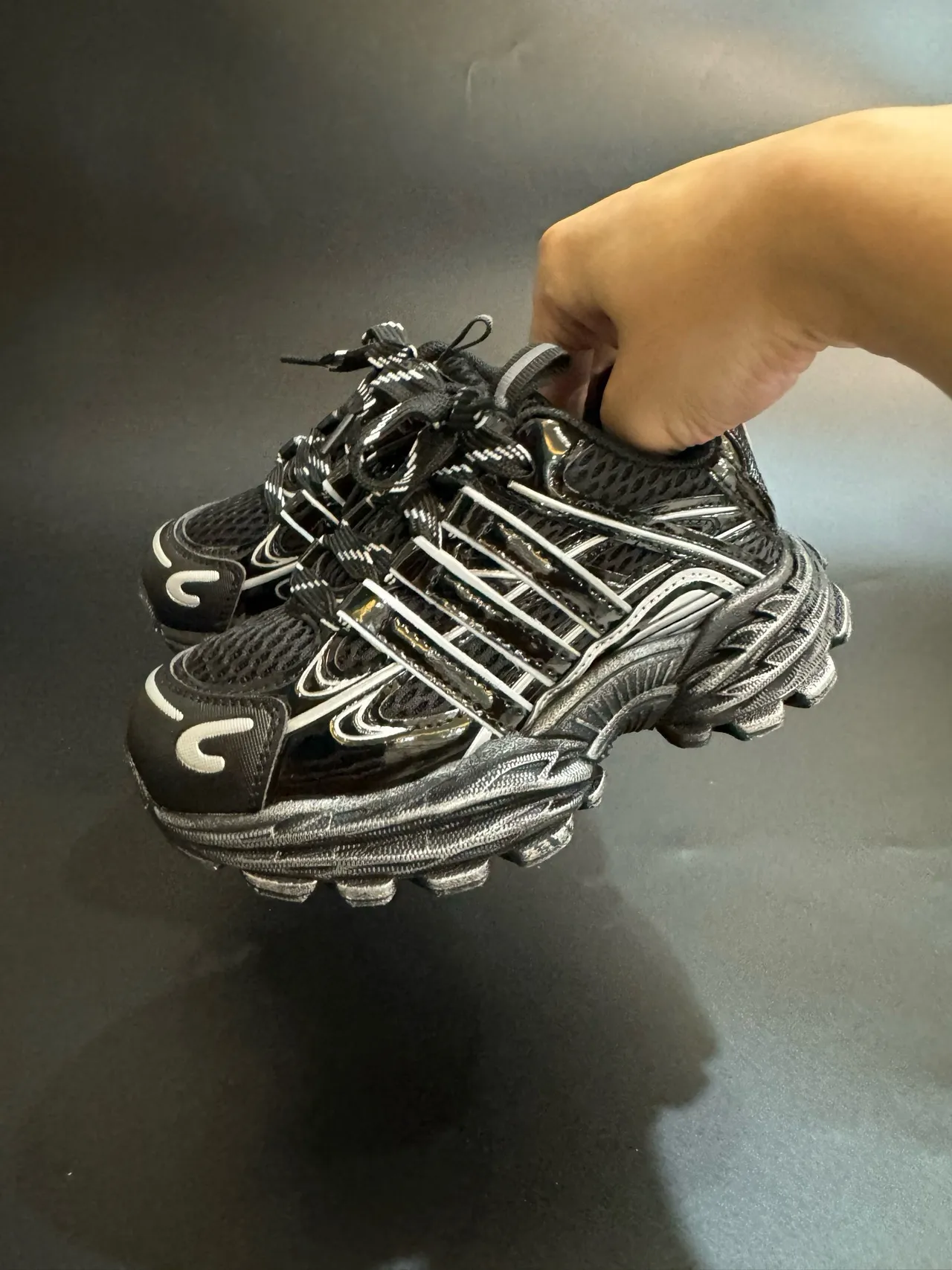 Black White Platform Sole Layered Synthetic Cage Overlays Chunky Sneakers 5