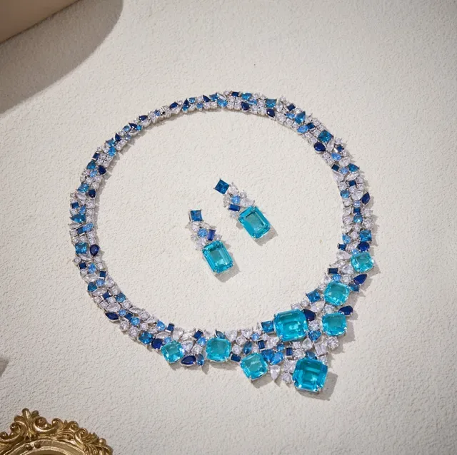 Blue and Clear Gemstone Bib-Style Multi-Tier Necklace 2