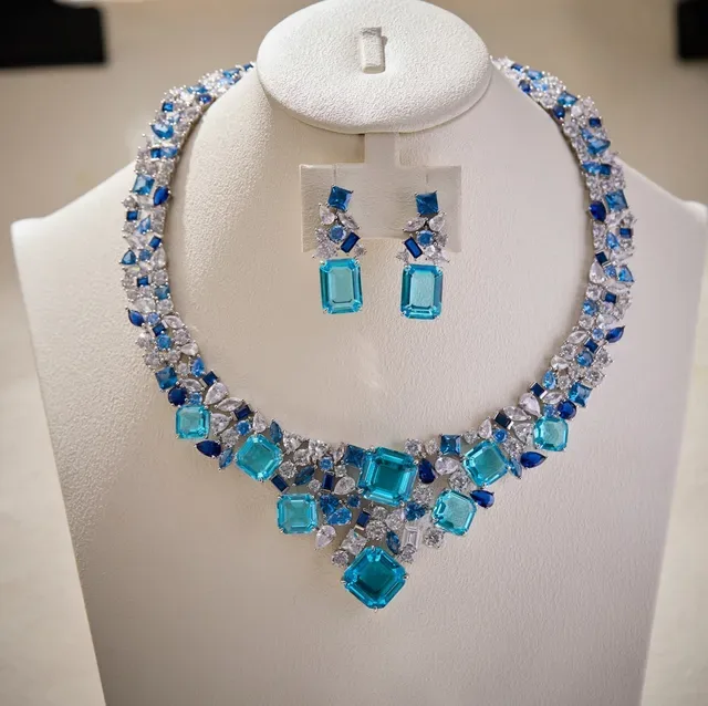Blue and Clear Gemstone Bib-Style Multi-Tier Necklace 3