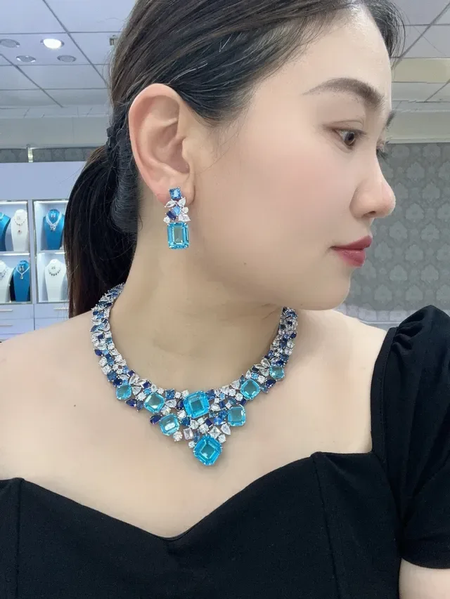 Blue and Clear Gemstone Bib-Style Multi-Tier Necklace 4