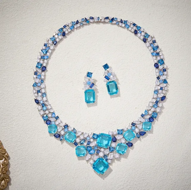 Blue and Clear Gemstone Bib-Style Multi-Tier Necklace 6